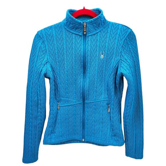 SPYDER Women's Cable Knit Full Zip Sweater Jacket Bright Blue Silver Spider Logo - Picture 1 of 14